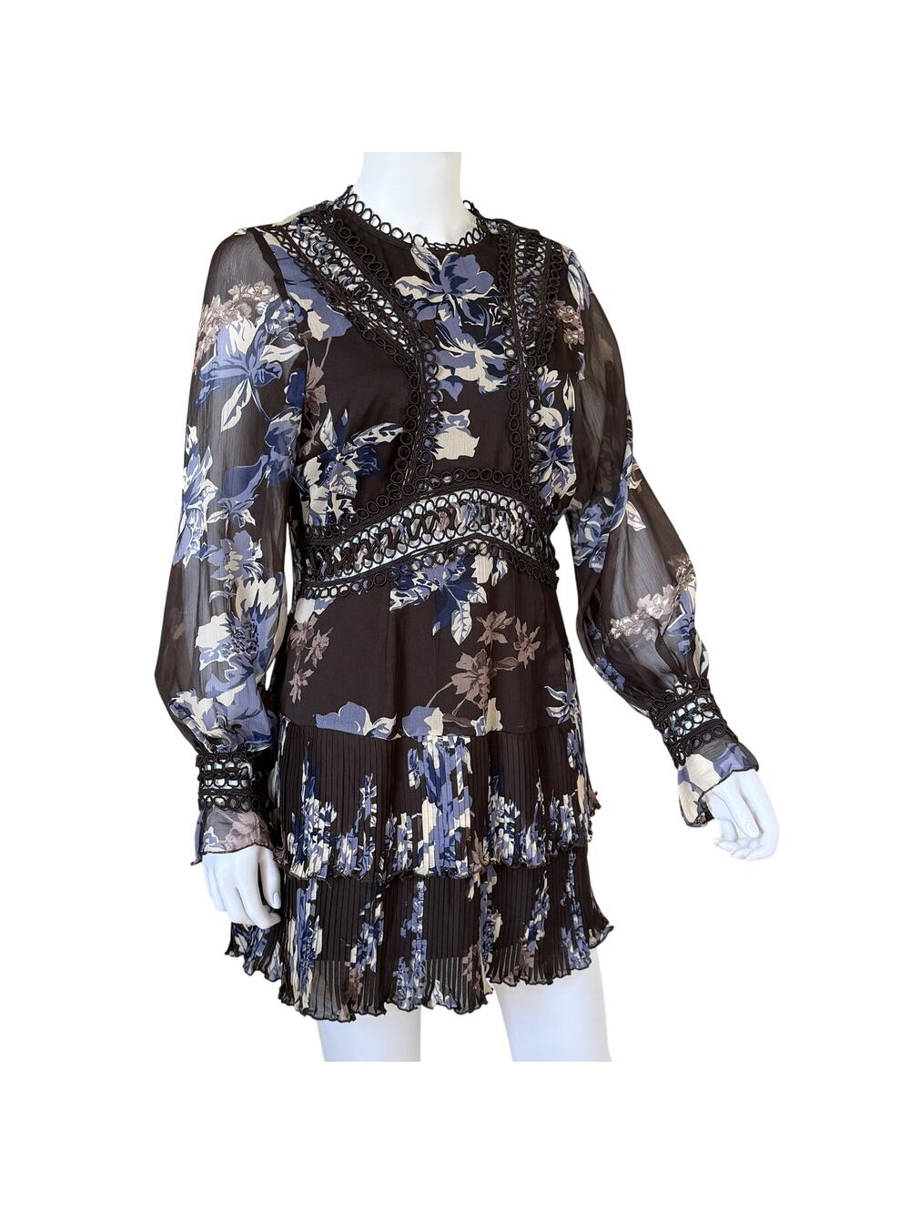 ASOS NWT Floral Chiffon Mini Dress US 10 Blue Brown Lace Trim Pleated Romantic